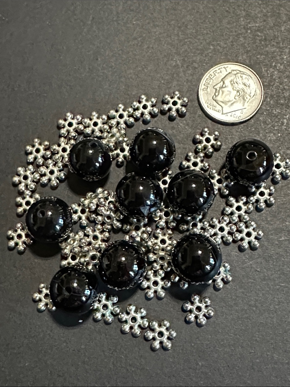 16.  Black Tourmaline Round 12mm Loose Gem Stone Beads & Silver Tone Spacers